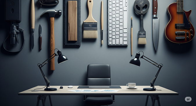 Tools and keyboard side-by-side – symbolic clash of careers